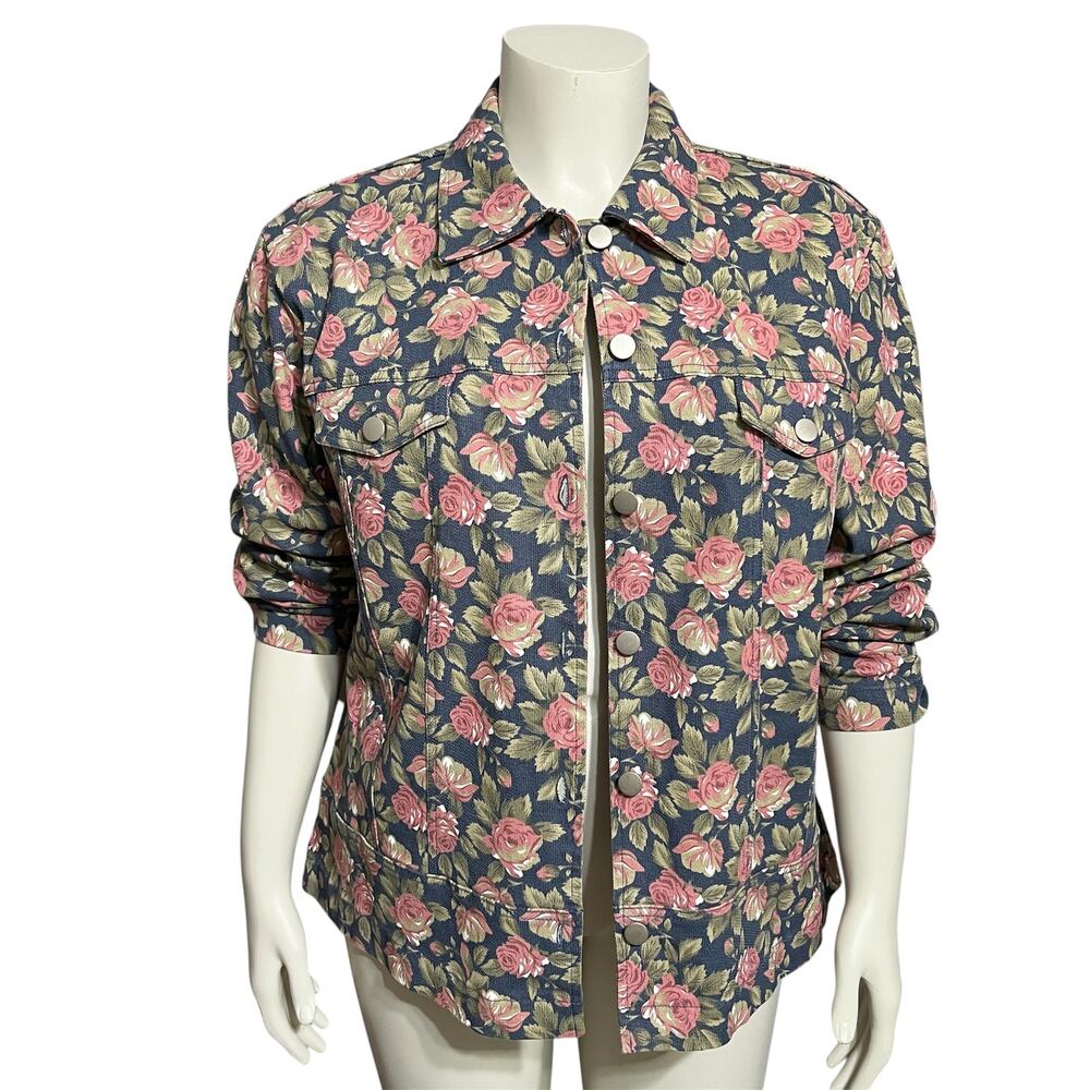 💫Denim & Co Women’s Floral Pink Denim Jacket Sz-Large